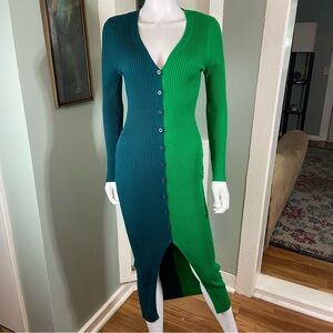 Aaron & Amber Green/Teal Two Tone Bodycon Long Sleeve Ribbed Sweater Dress Small